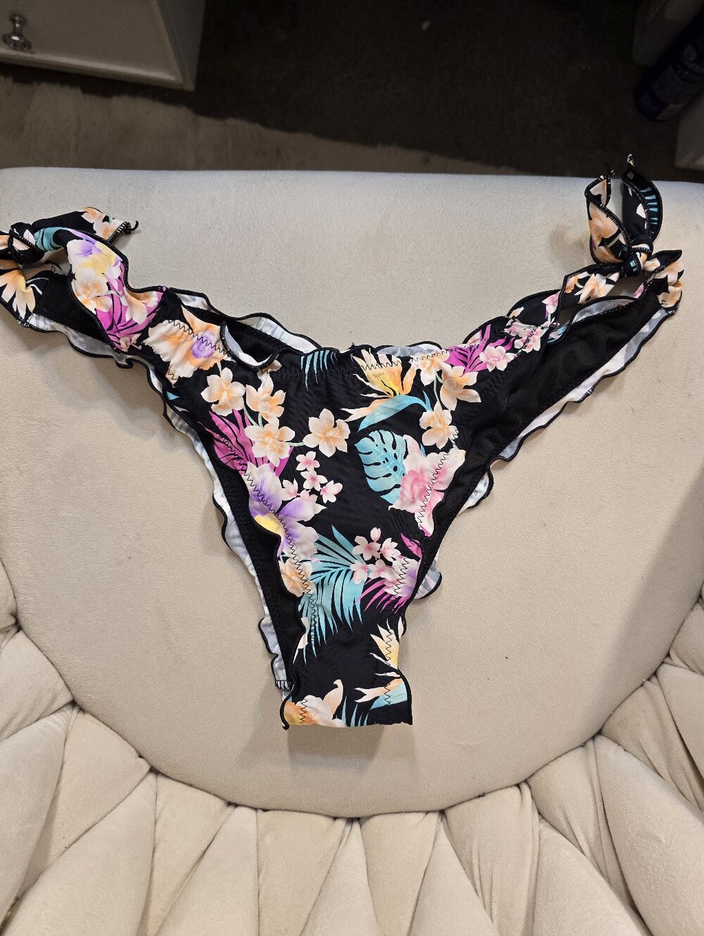 Hobie Black Floral Ruffle Scrunch Butt Bikini Bottom with Teal & Pink Accents
